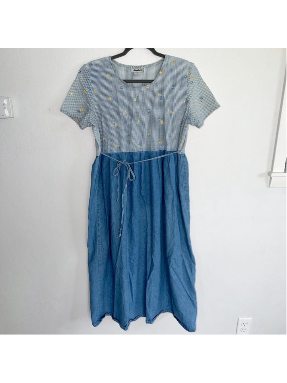 Cottagecore Maxi Dress Womens 14 Blue Gingham Denim Tie Waist Floral Embroidery